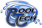 Pool Tech logo in blue and black with water splash accents