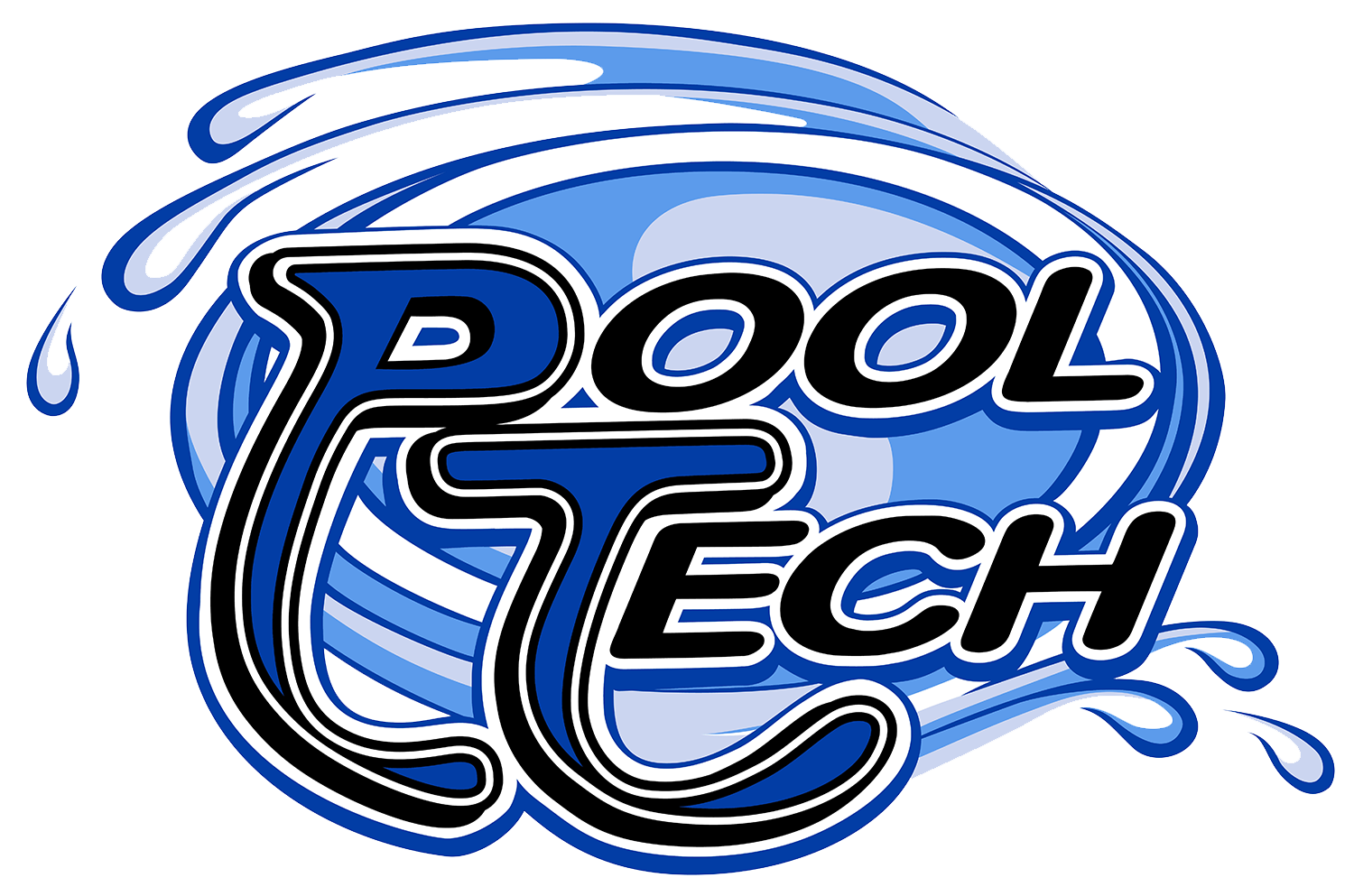 Pool Tech logo in blue and black with water splash accents