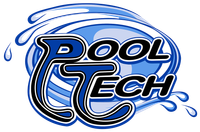 Pool Tech logo in blue and black with water splash accents