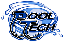 Pool Tech logo in blue and black with water splash accents