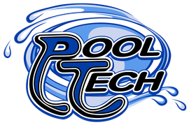 Pool Tech logo in blue and black with water splash accents