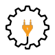 An icon of a plug in a gear on a white background.