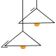 A drawing of two triangles hanging from the ceiling with orange lights.