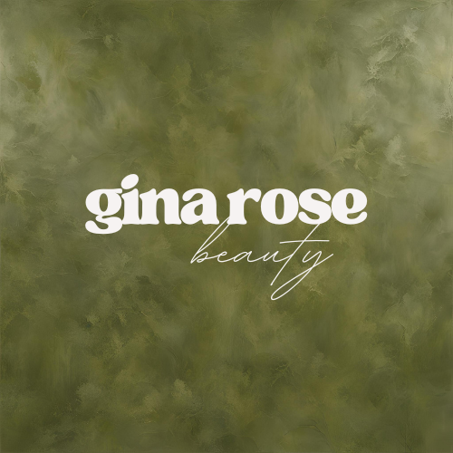White “gina rose beauty” logo on a mottled olive-green background