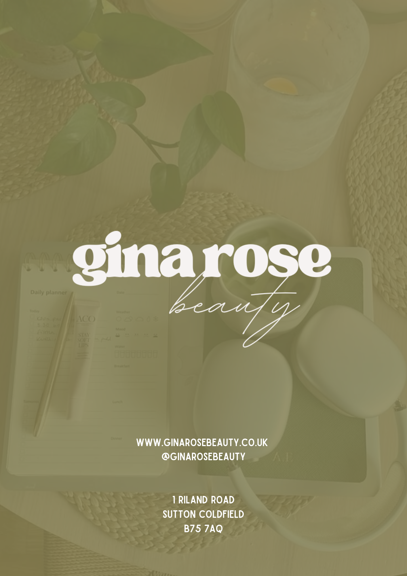Olive-green promo poster reading “THE RIGHT START” with a styled tabletop of mugs, plant, and cookies.