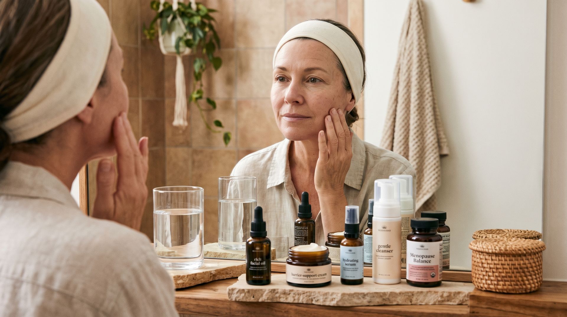 Woman in her fifties with healthy, hydrated menopause skin