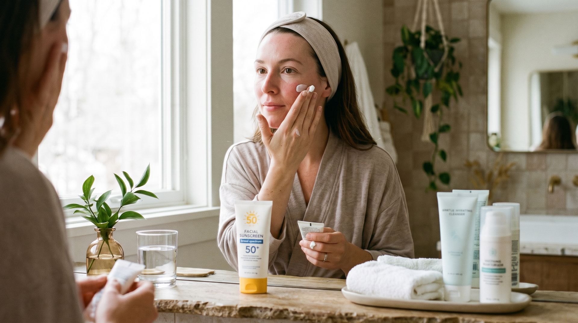 Applying sunscreen to the face, showing the importance of SPF after skin treatments