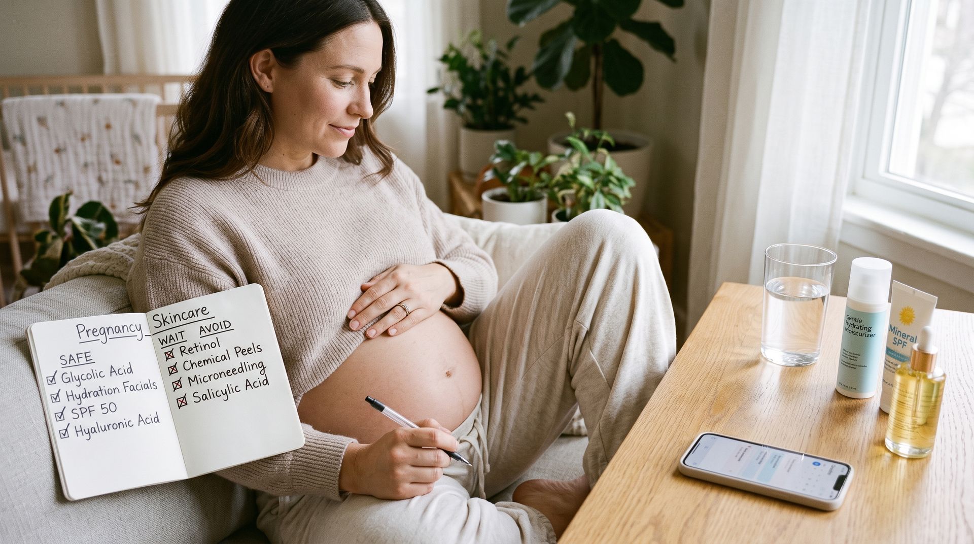 Pregnant woman relaxing with glowing skin, considering which skin treatments during pregnancy are suitable