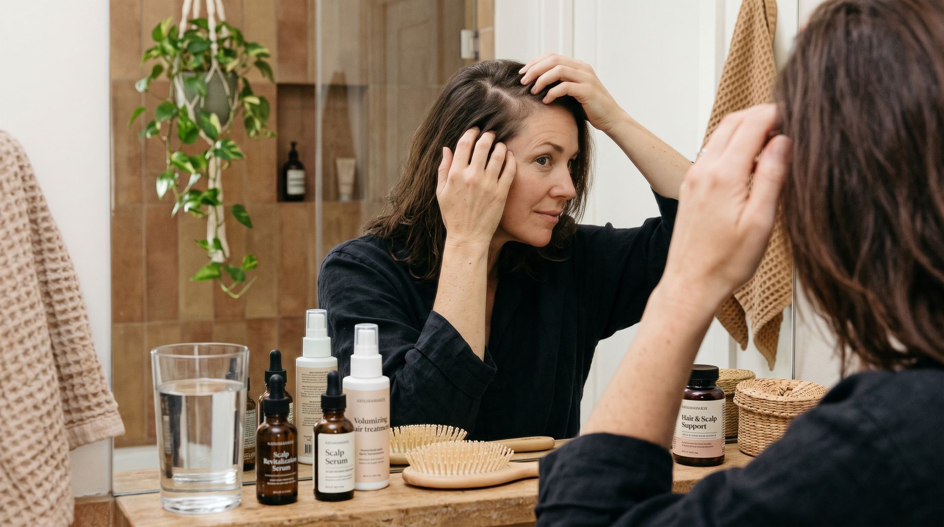 Woman checking her hair parting, showing early signs of thinning hair in women