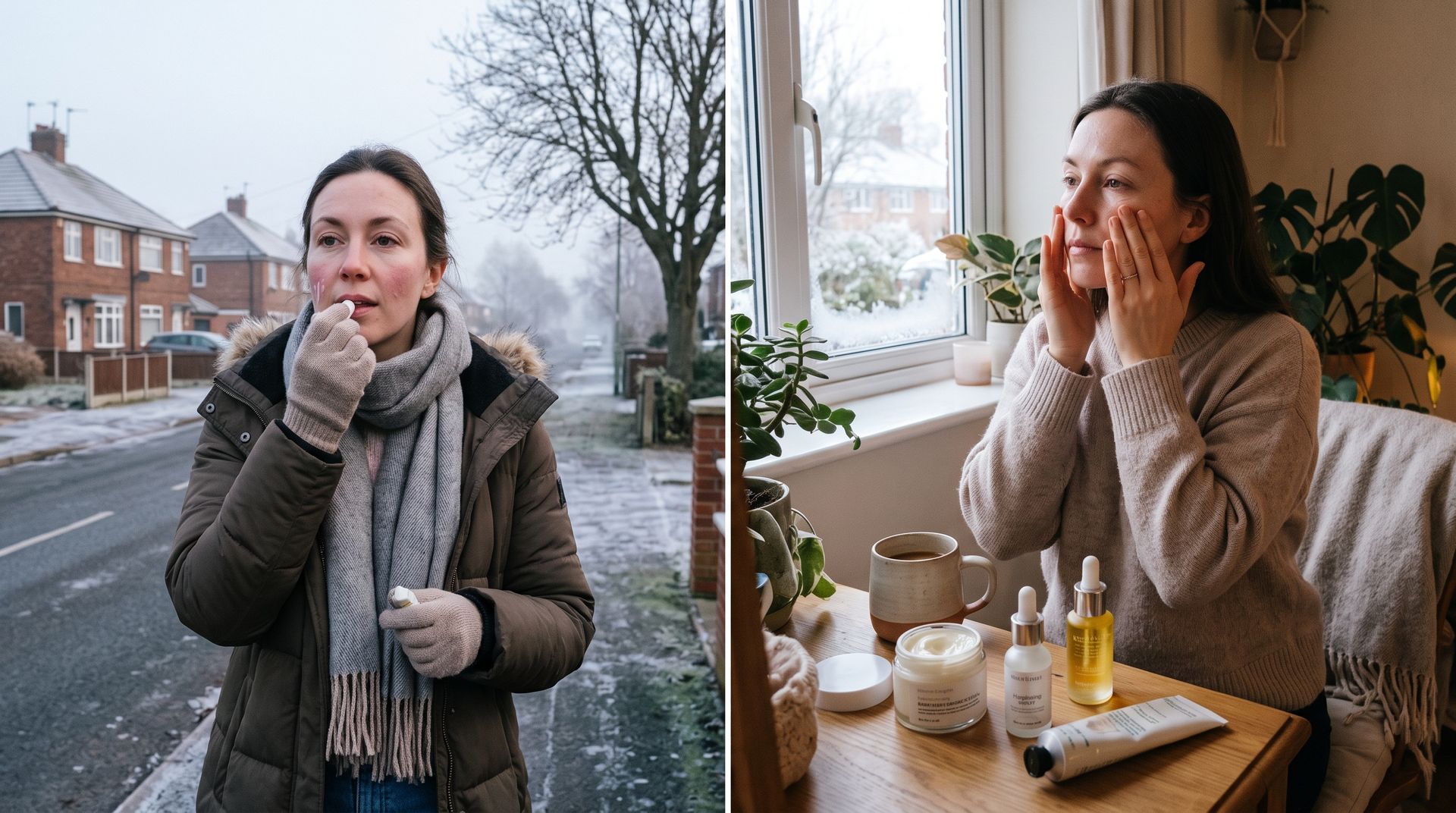 Woman in a winter scarf with healthy, hydrated skin following a good winter skincare routine