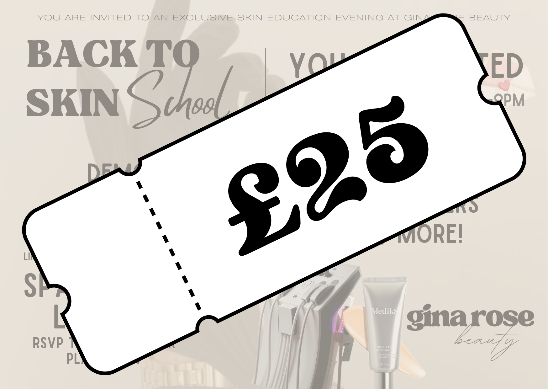Diagonal white voucher with £25 in bold black text over a skincare-themed background