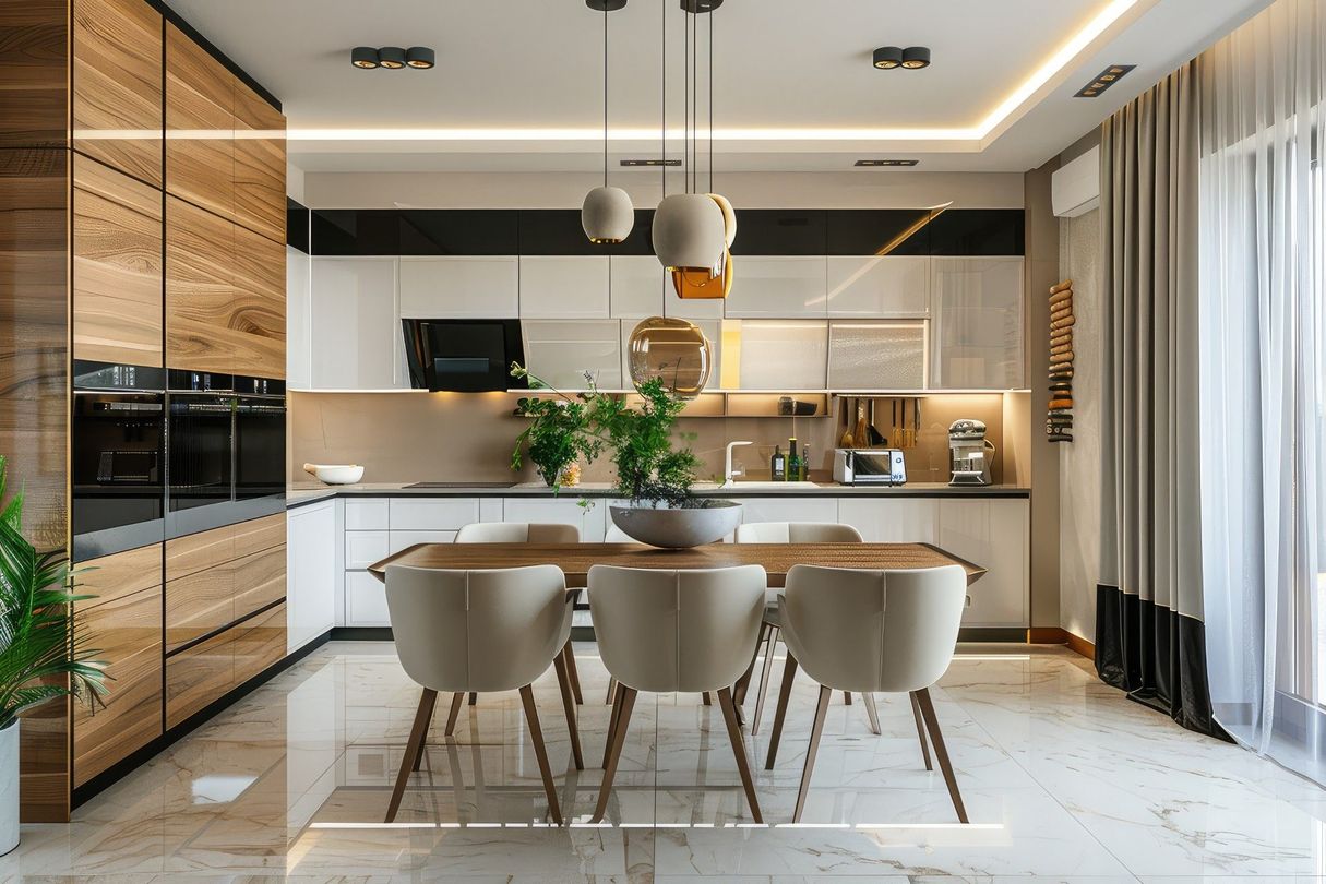Modern open-plan kitchen and dining area with wood accents, marble island, and large windows with sheer curtains