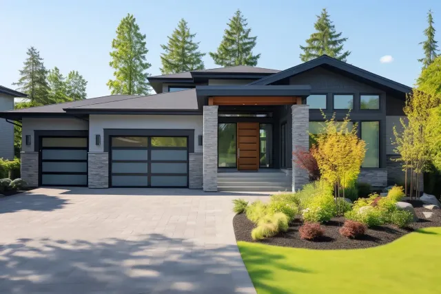 Modern single-story house with dark trim, double garage, and landscaped front yard under a clear sky