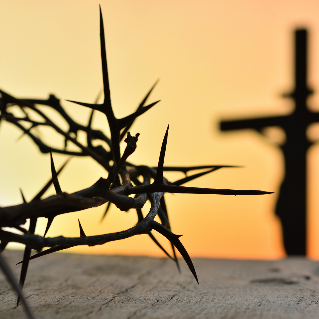 Crown of thorns in foreground, silhouette of cross with figure against a sunset background.