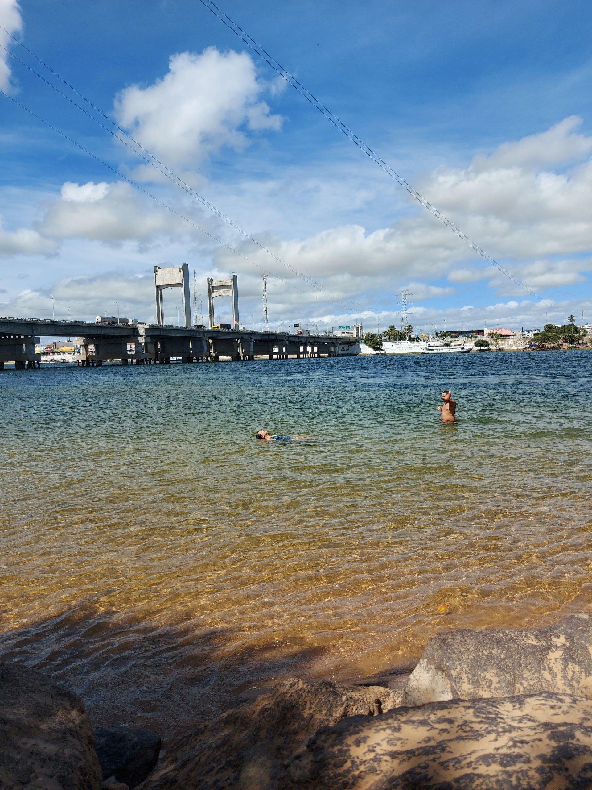 Nadadores em uma baía perto de uma ponte e do horizonte da cidade sob um céu azul e nublado.