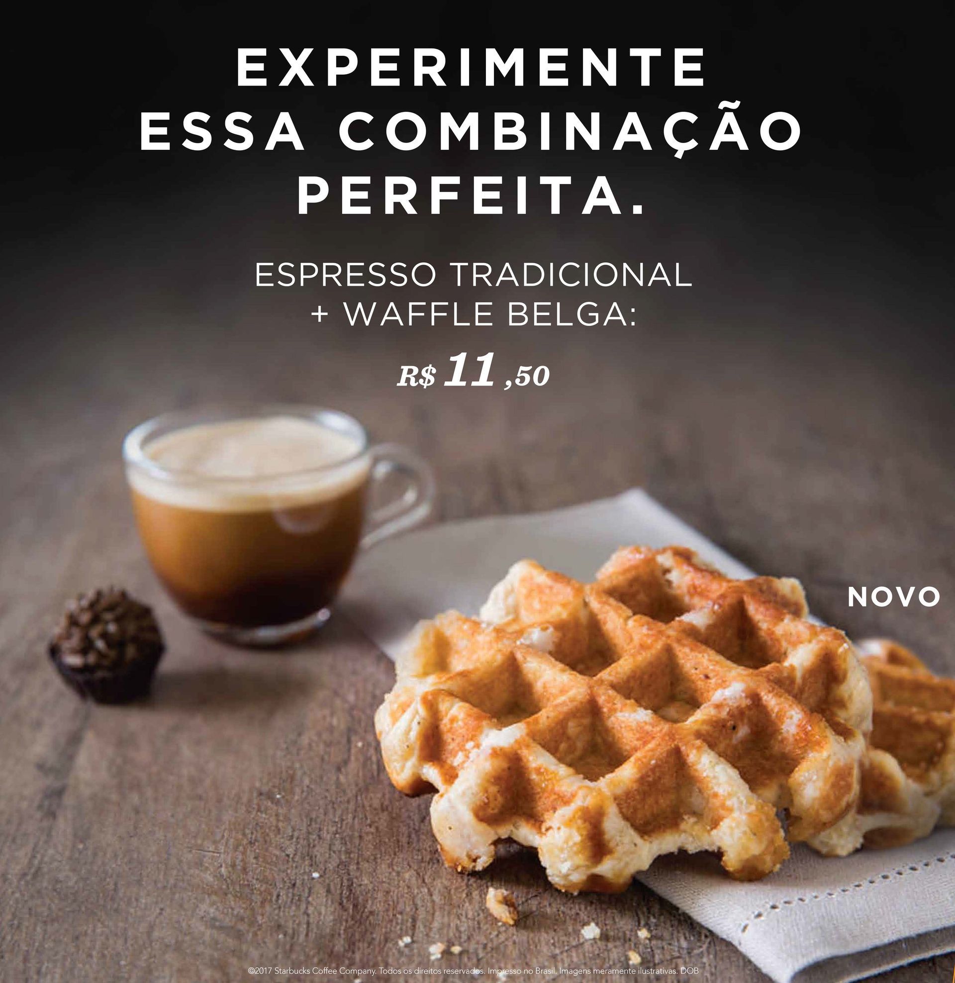 Café espresso com waffle belga dourado sobre mesa de madeira, com texto promocional em português.