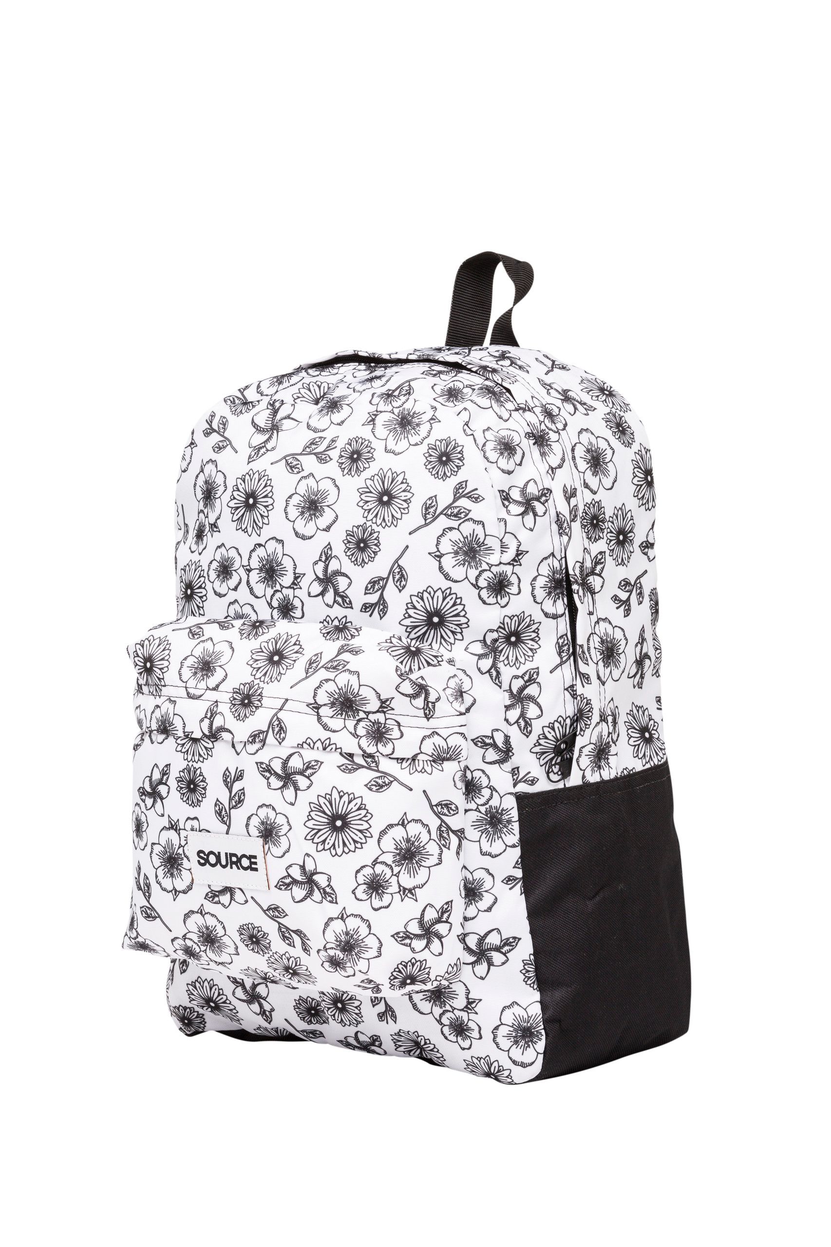 Mochila branca com estampa floral preta e painel inferior preto sobre fundo liso.