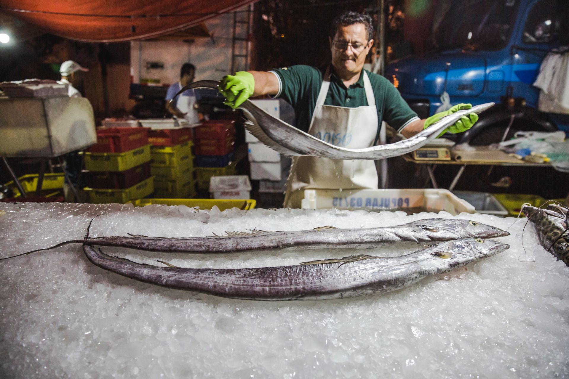 Peixeiro exibindo peixes grandes no gelo em uma barraca de mercado.