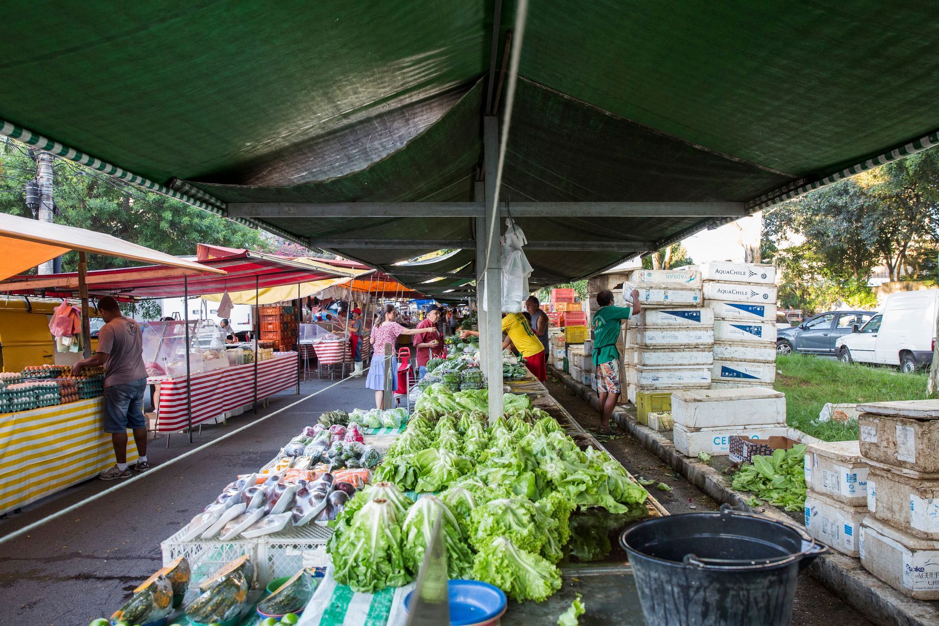 Banca de mercado externa coberta com vegetais frescos, pilhas de produtos agrícolas e compradores sob um toldo verde.