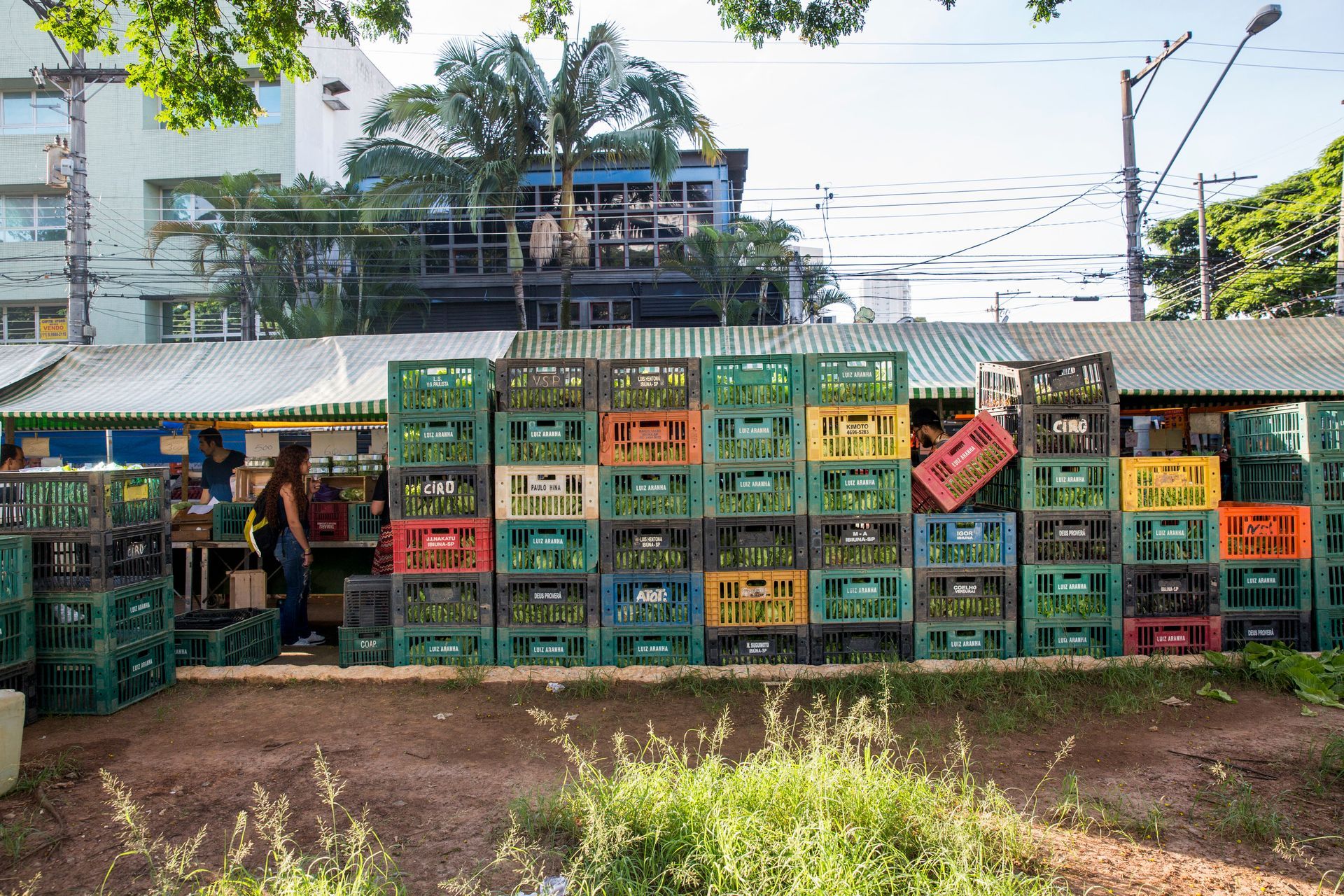 Pilhas de caixas plásticas coloridas formam uma parede ao lado de uma barraca de mercado à beira da estrada, em um ambiente ensolarado ao ar livre.