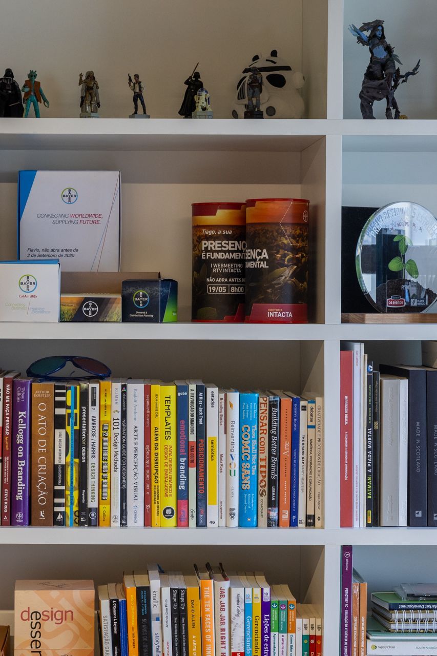 Livros e objetos de coleção dispostos em uma estante branca em uma biblioteca doméstica.