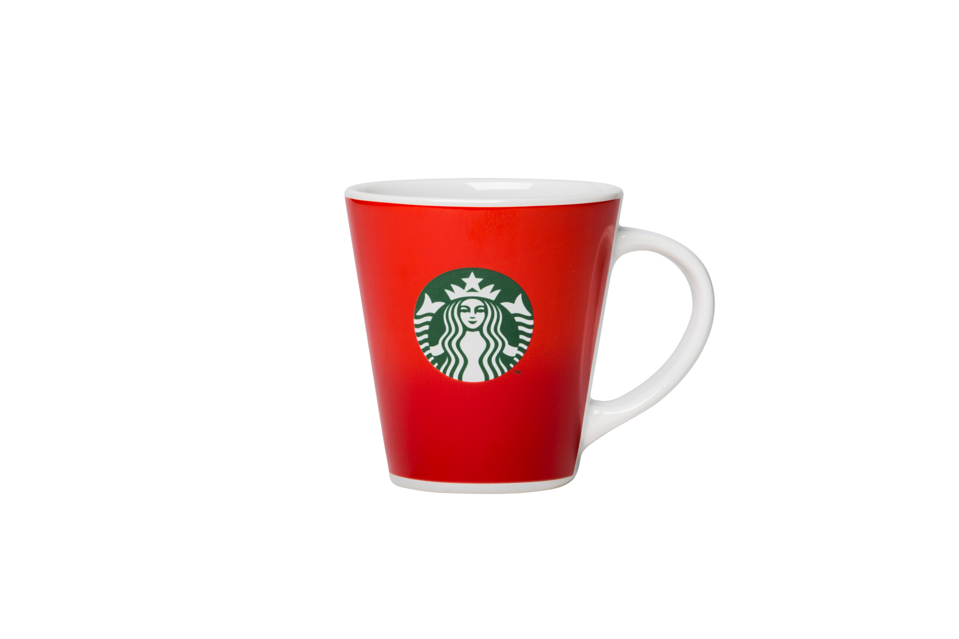 Caneca vermelha da Starbucks com alça e logotipo brancos sobre fundo branco.