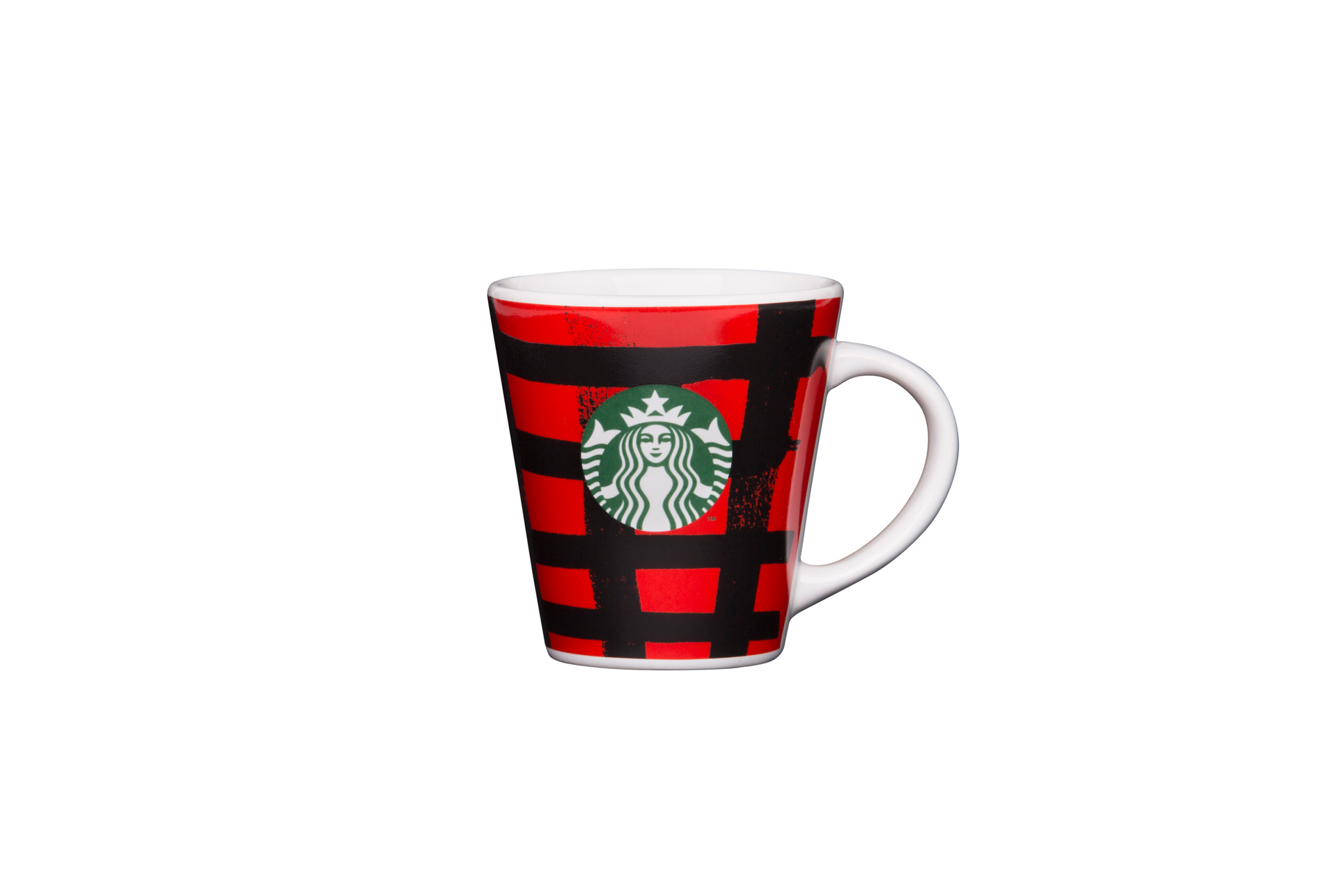Caneca Starbucks listrada em vermelho e preto com alça branca sobre fundo branco.