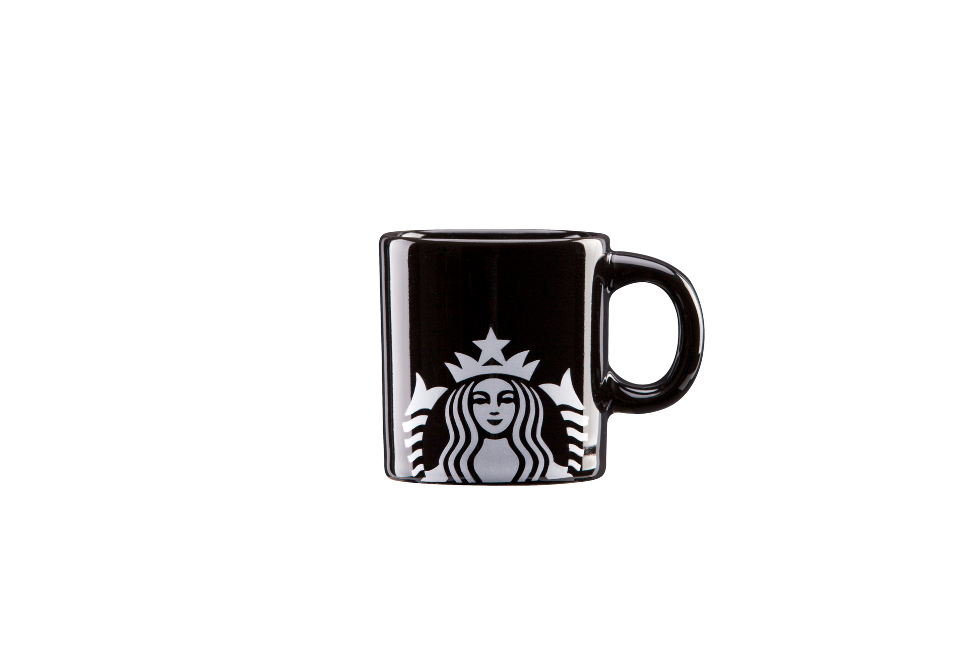 Caneca de café preta estilo Starbucks com logotipo de sereia branca e alça à direita.