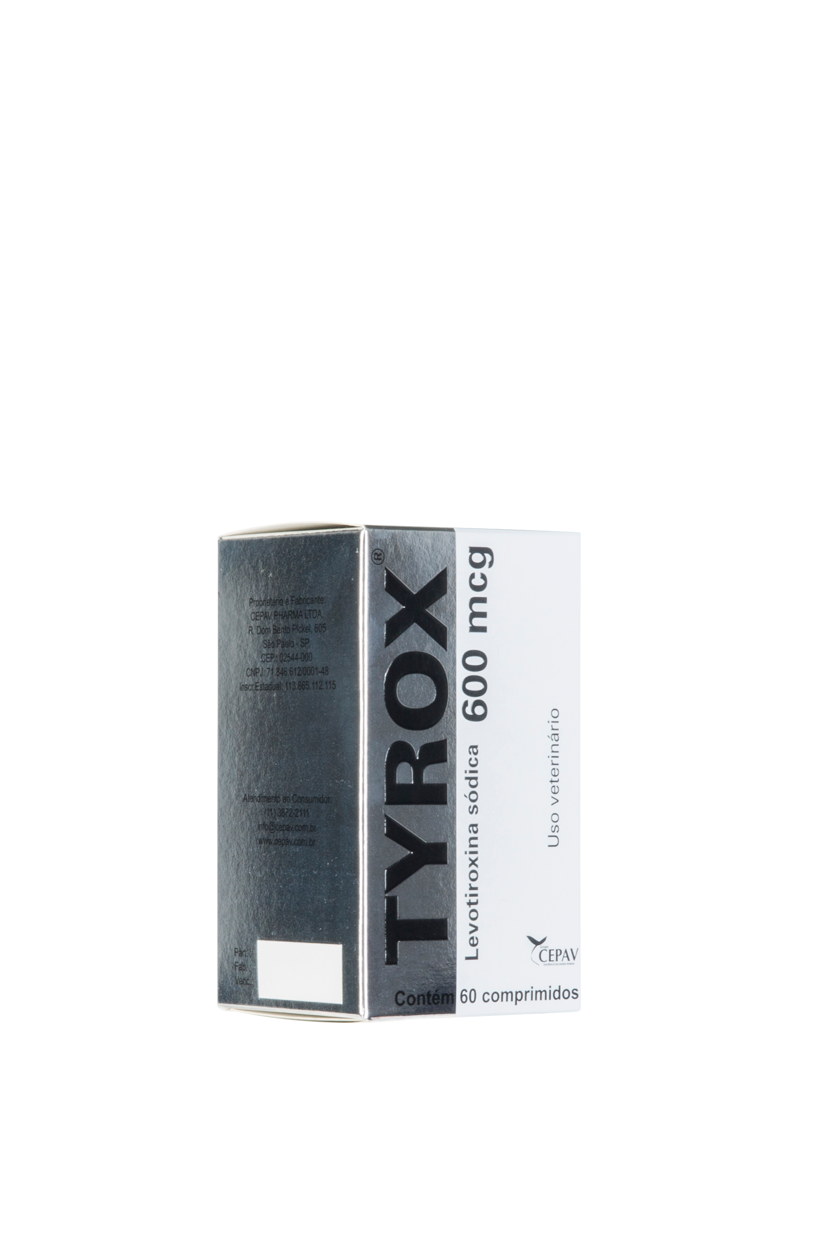 Caixa do medicamento Tyrox 800 mg, embalagem branca e prateada, isolada em fundo branco.