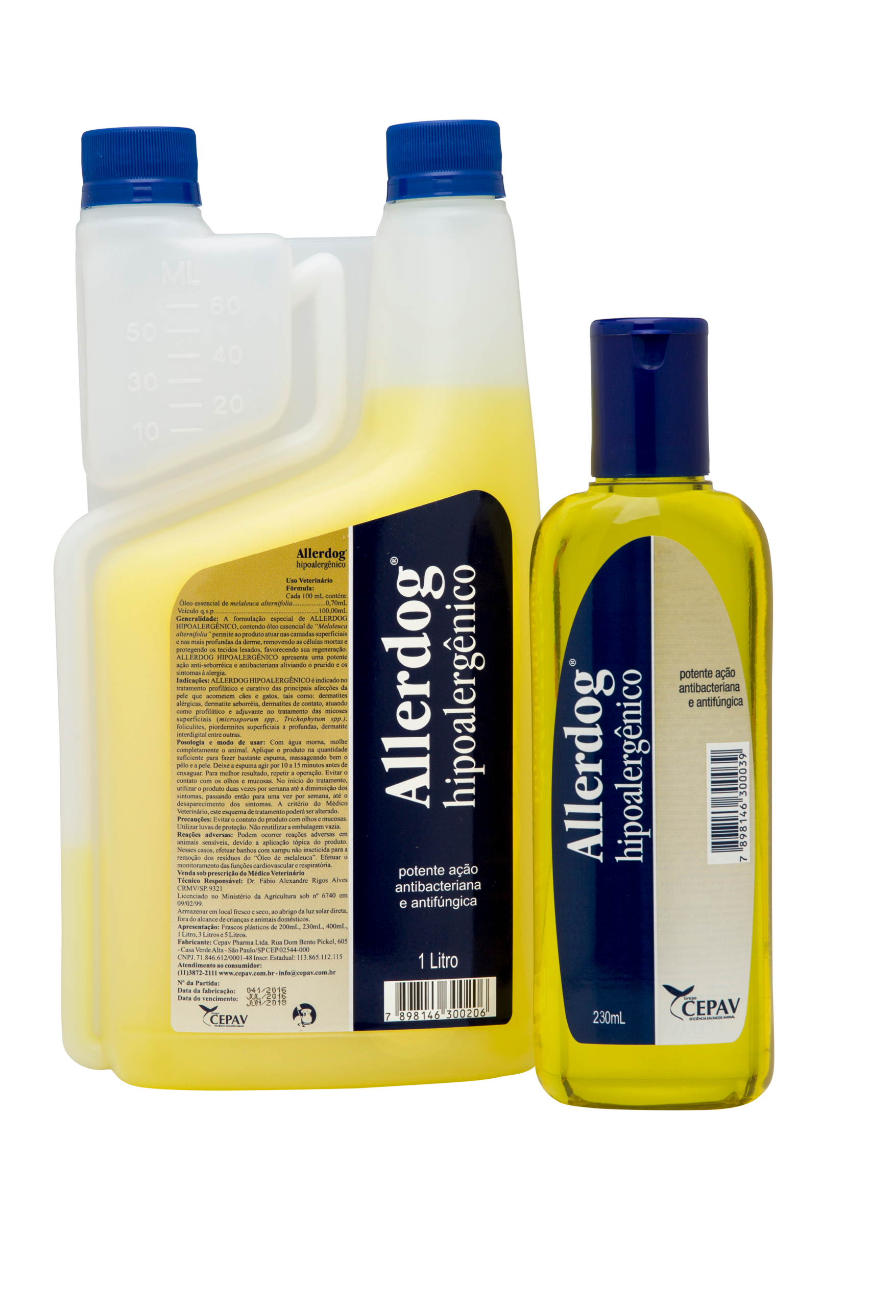 Duas embalagens de shampoo Allergo, uma grande e uma pequena, ambas com tampas azuis e líquido amarelo.
