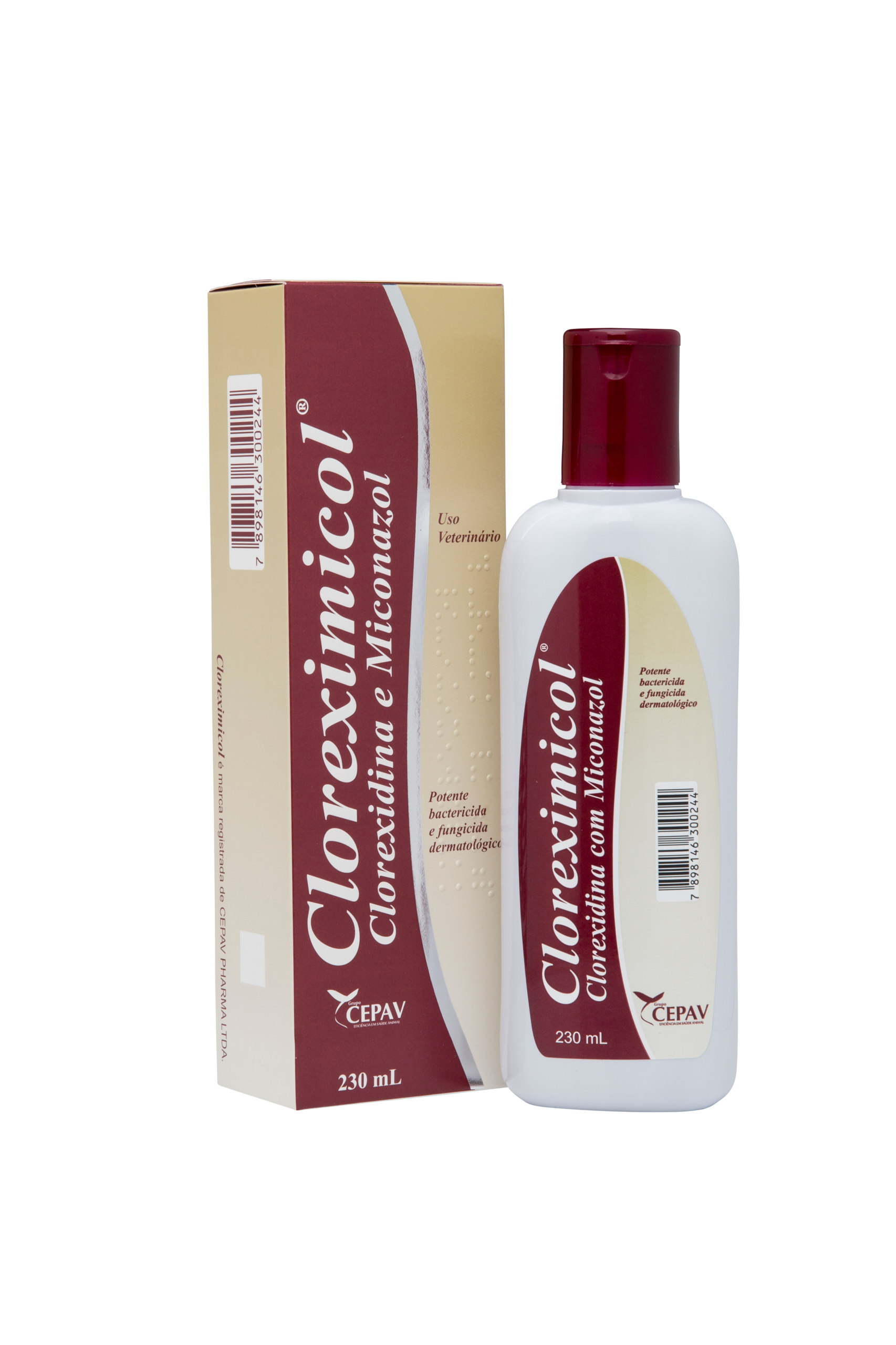 Frasco de loção Clenratinol branco e bordô ao lado de sua caixa correspondente em um fundo liso.