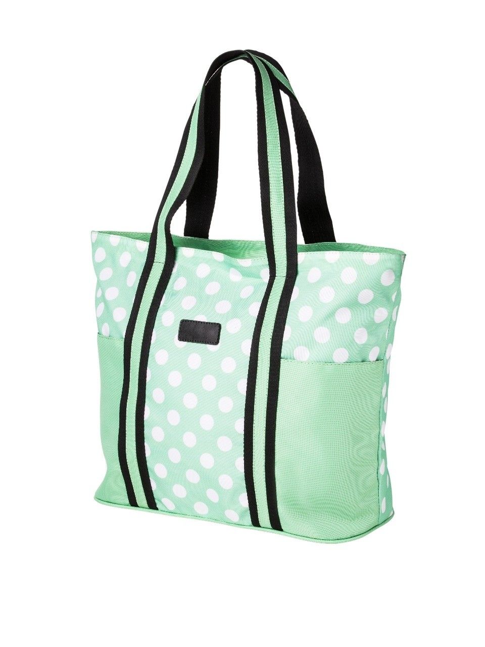 Bolsa de tecido verde-menta com estampa de bolinhas e alças listradas em preto e branco.