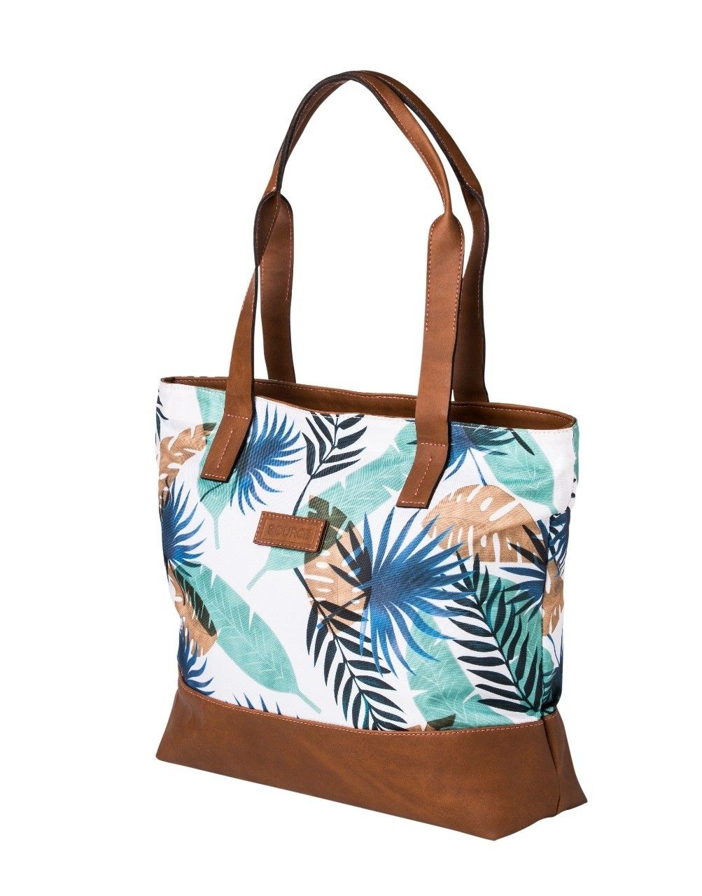 Bolsa de tecido marrom com estampa de folhas tropicais e alças bege, mostrada sobre um fundo branco.