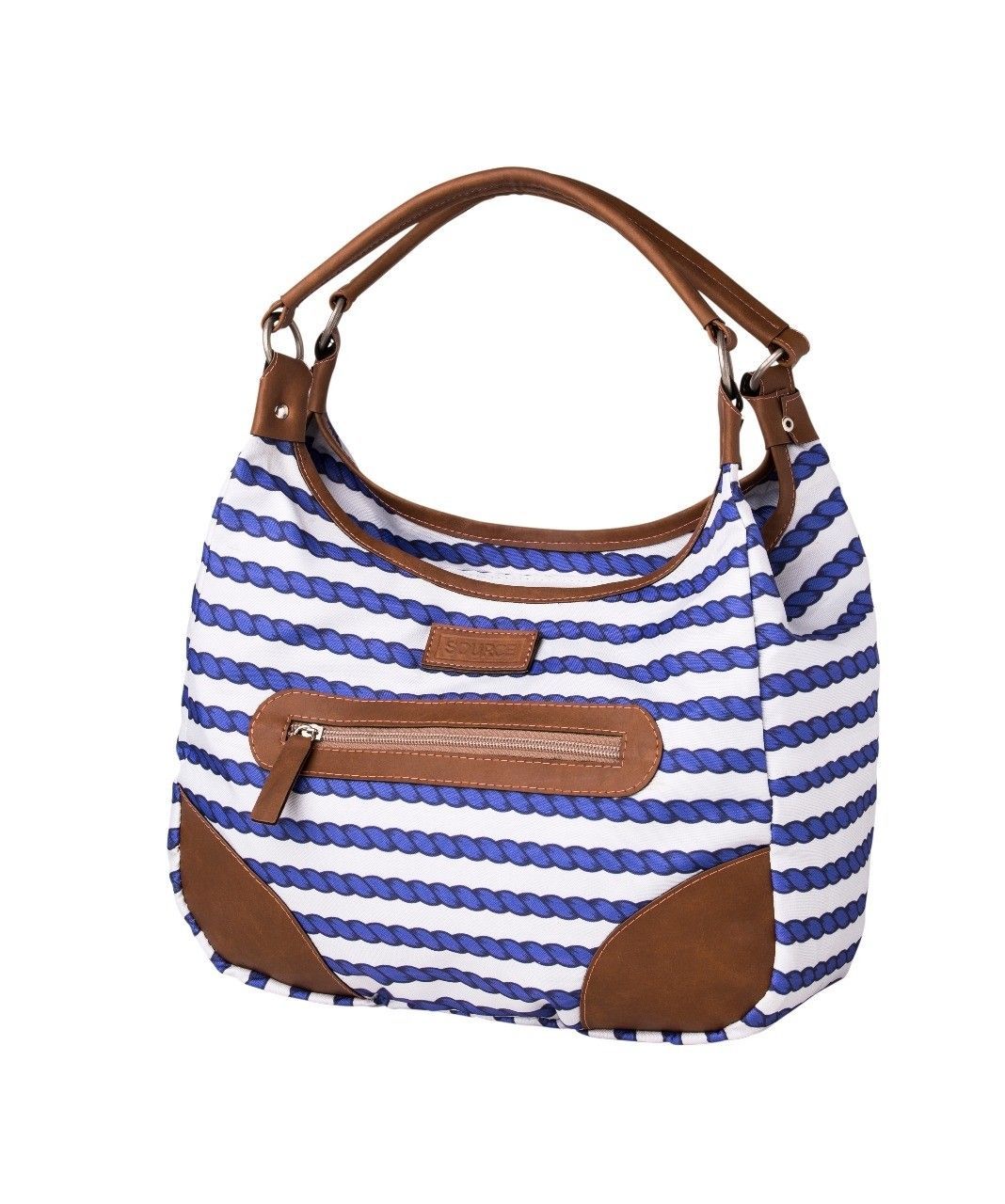Bolsa listrada em azul e branco com alças e detalhes em couro marrom sobre fundo branco.