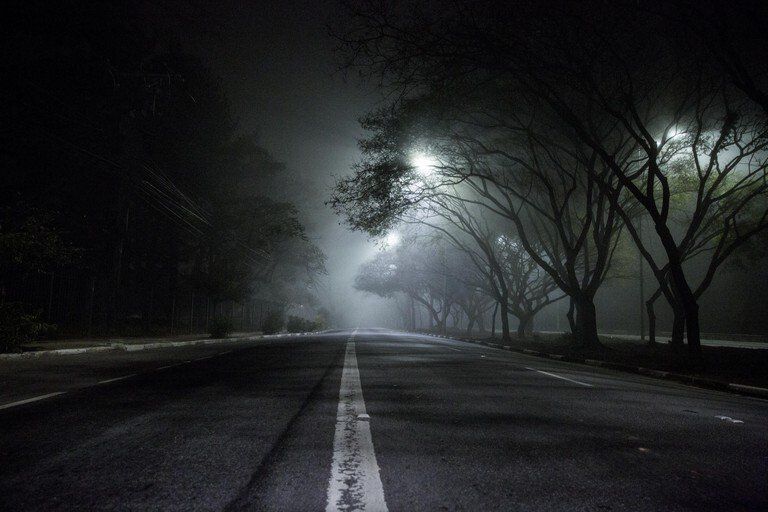 Estrada vazia e enevoada à noite, ladeada por árvores despidas e postes de luz fracos.