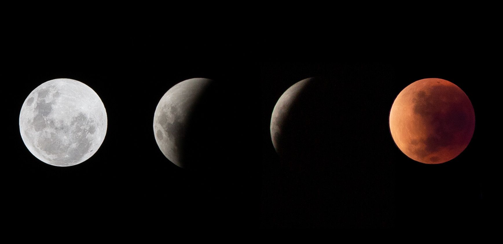 Quatro fases da lua, da lua cheia à crescente, terminando em uma lua vermelha semelhante a um eclipse sobre fundo preto.