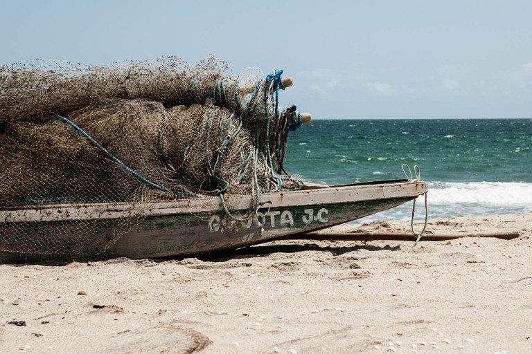 Pequeno barco de pesca carregado de algas marinhas em uma praia arenosa ao lado de águas oceânicas turquesa.
