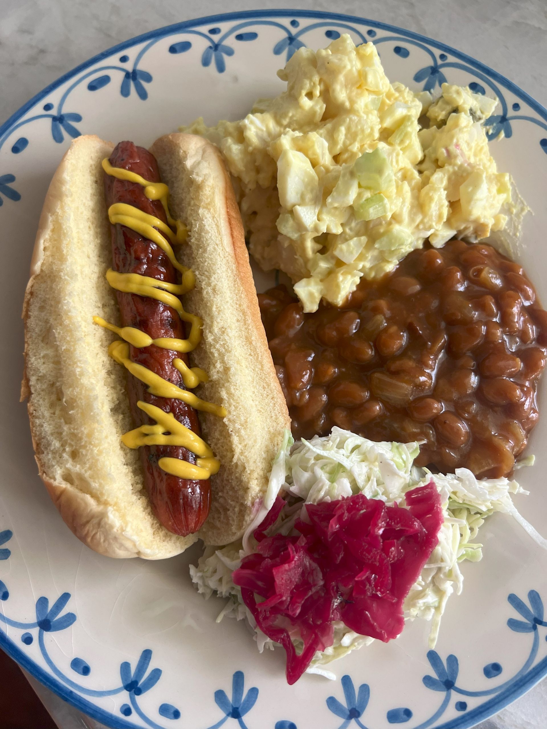Hot dog with mustard on a plate with baked beans, potato salad, and pink coleslaw