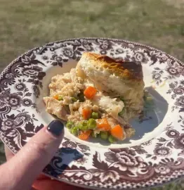 Hand holding a decorative plate with a slice of casserole and mixed vegetables outdoors