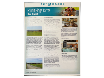 Magazine page about Rabbit Ridge Farms in Deer Branch, with farm photos and article text on a tan background