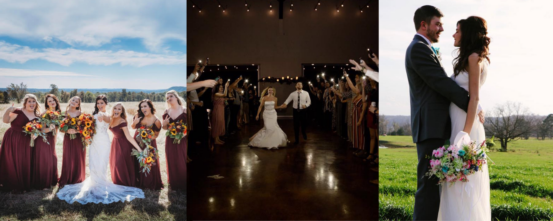 Three wedding scenes: bridal party outdoors, couple dancing in a reception hall, and bride and groom kissing at sunset