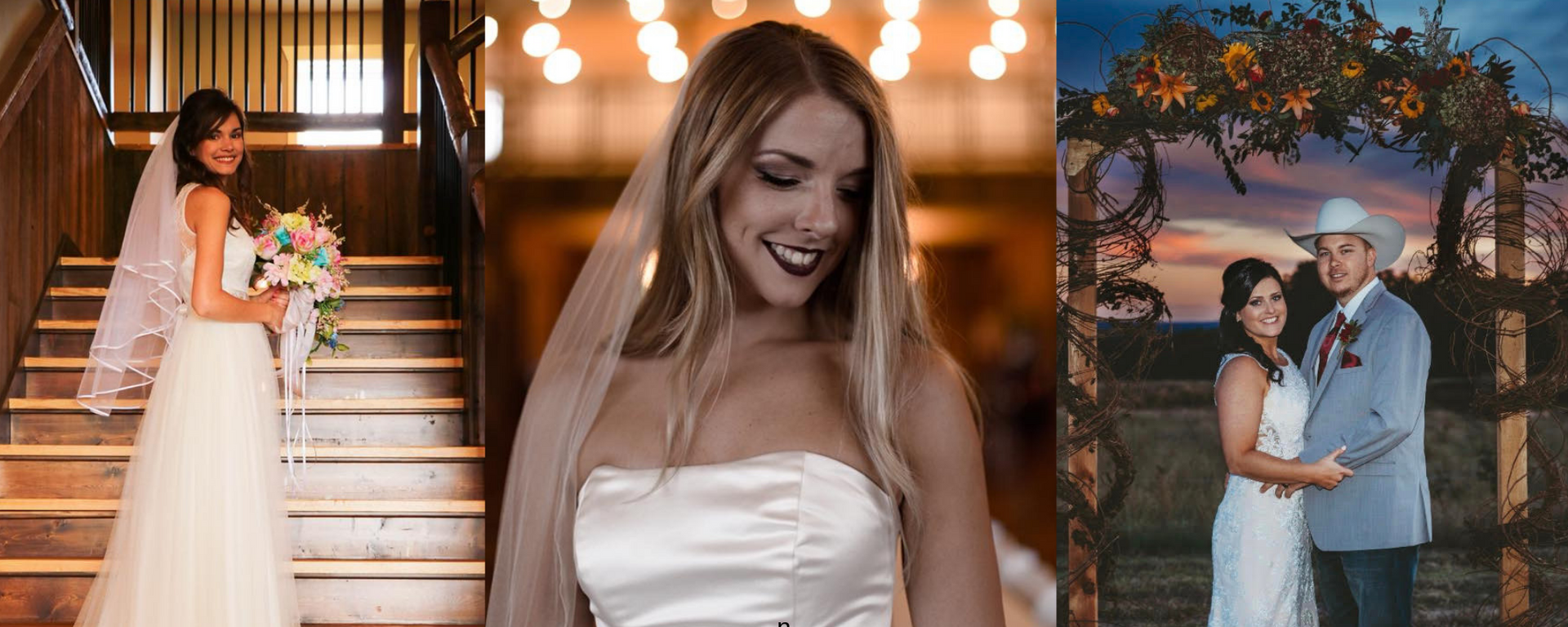 Wedding collage: bride on stairs, smiling portrait, and couple portrait under a tree at sunset