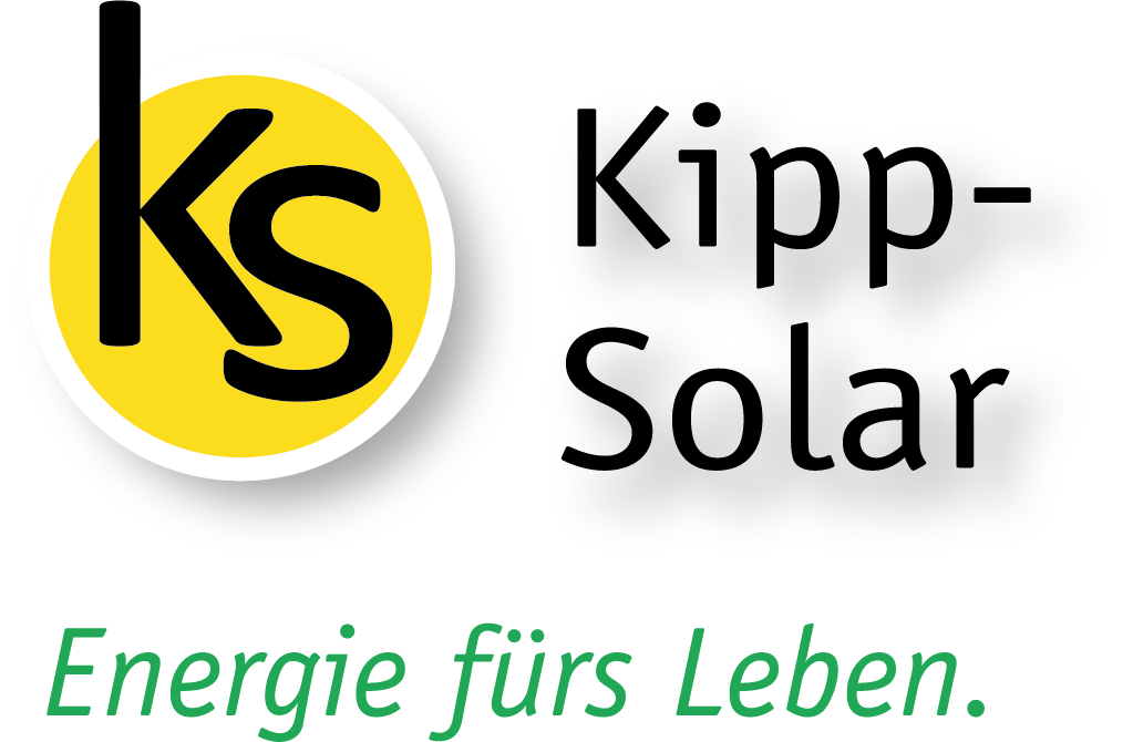 Logo von Kipp-Solar. Gelber Kreis mit schwarzem „ks“ und Text „Kipp-Solar“. Grüner Text: „Energie fürs Leben.“
