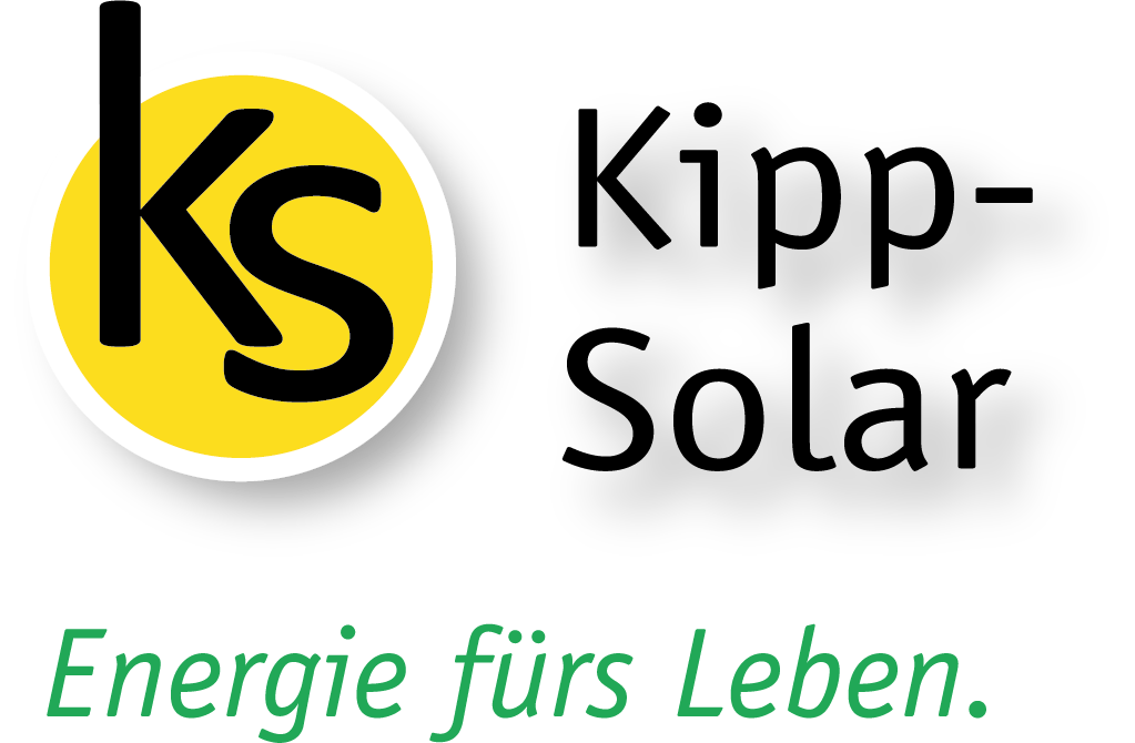 Logo für Kipp-Solar mit „ks“ in einem gelben Kreis, dem Firmennamen und dem Slogan „Energie fürs Leben“.