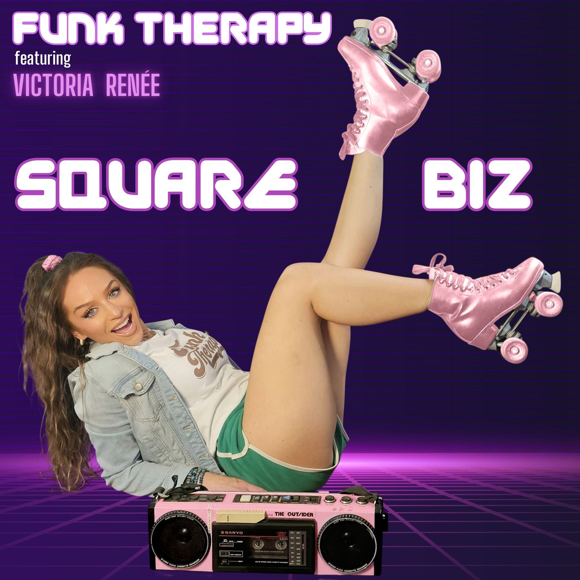 A poster for funk therapy featuring victoria renee - 80s font and colors