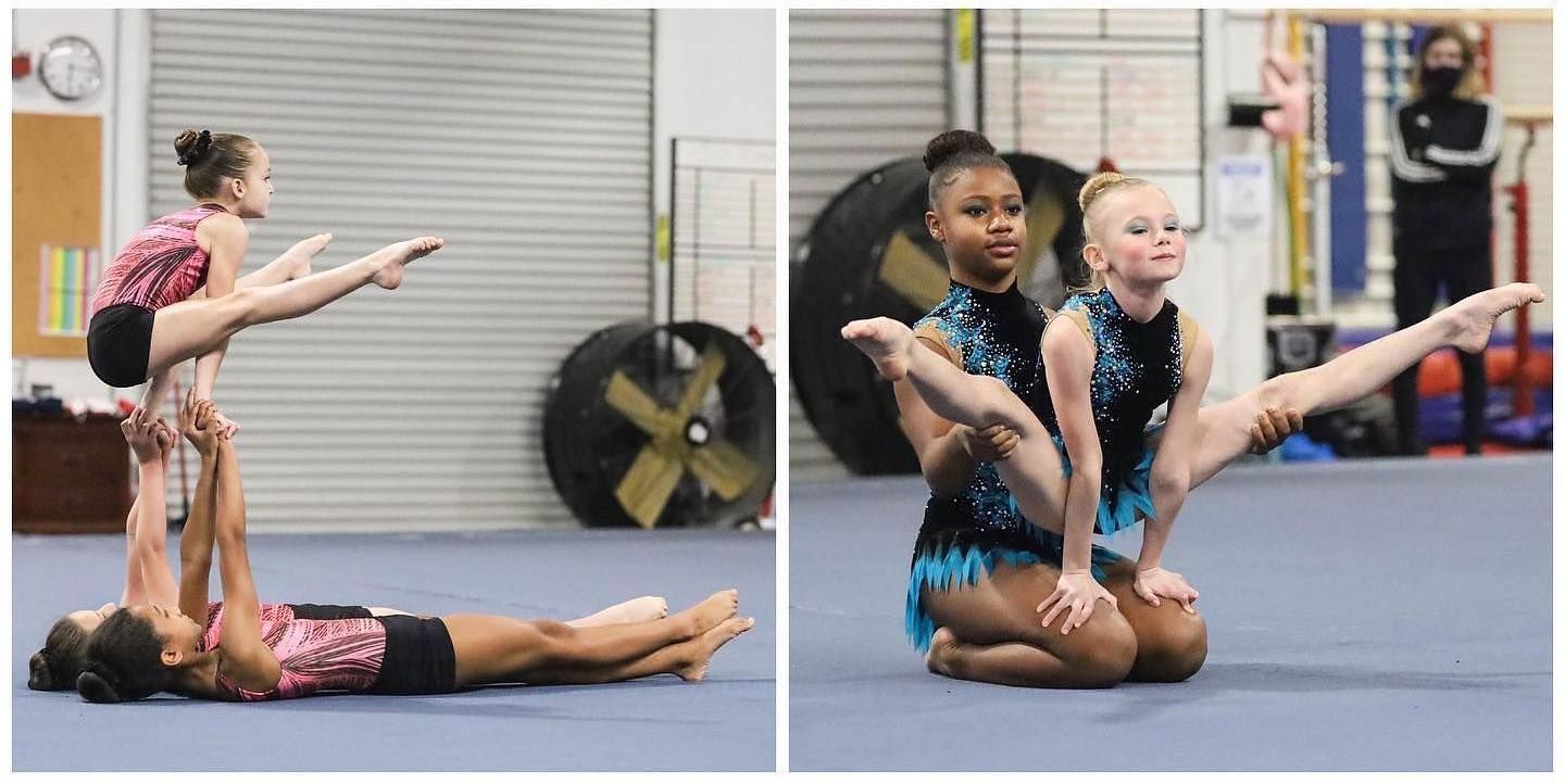 An image of two girls on the floor holding another girl over them in straddle position and an image of a young girl on her knees holding a girl in straddle position balanced on her knees.