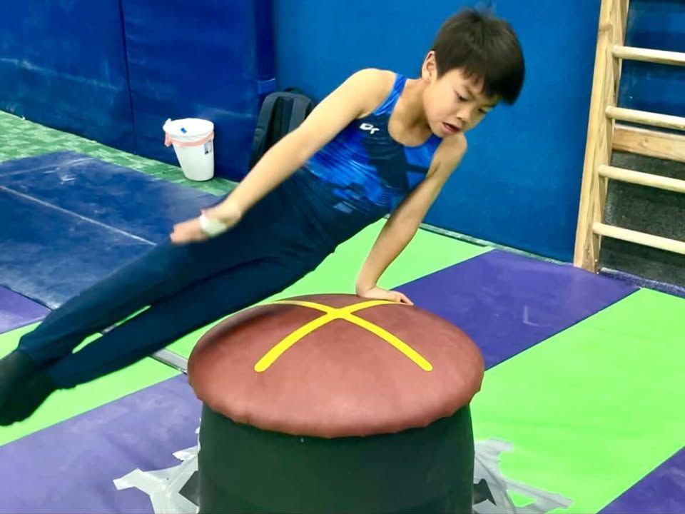 Gymnast performing a side lever on a pommel horse. He is wearing a blue leotard and stretching his left leg.