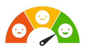 A speedometer with a sad face , a happy face , and a neutral face.