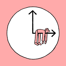 A cartoon of a person laying on a clock with an arrow pointing up.
