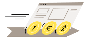 A cartoon illustration of a website with three coins on it.